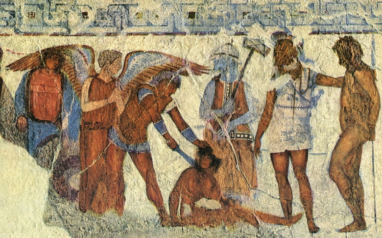 Etruskihaudan freskossa (noin 340 eaa.) uhrataan troijalaista sotavankia.